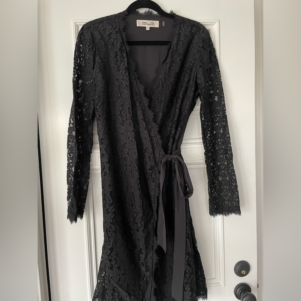DVF classic black lace wrap dress.